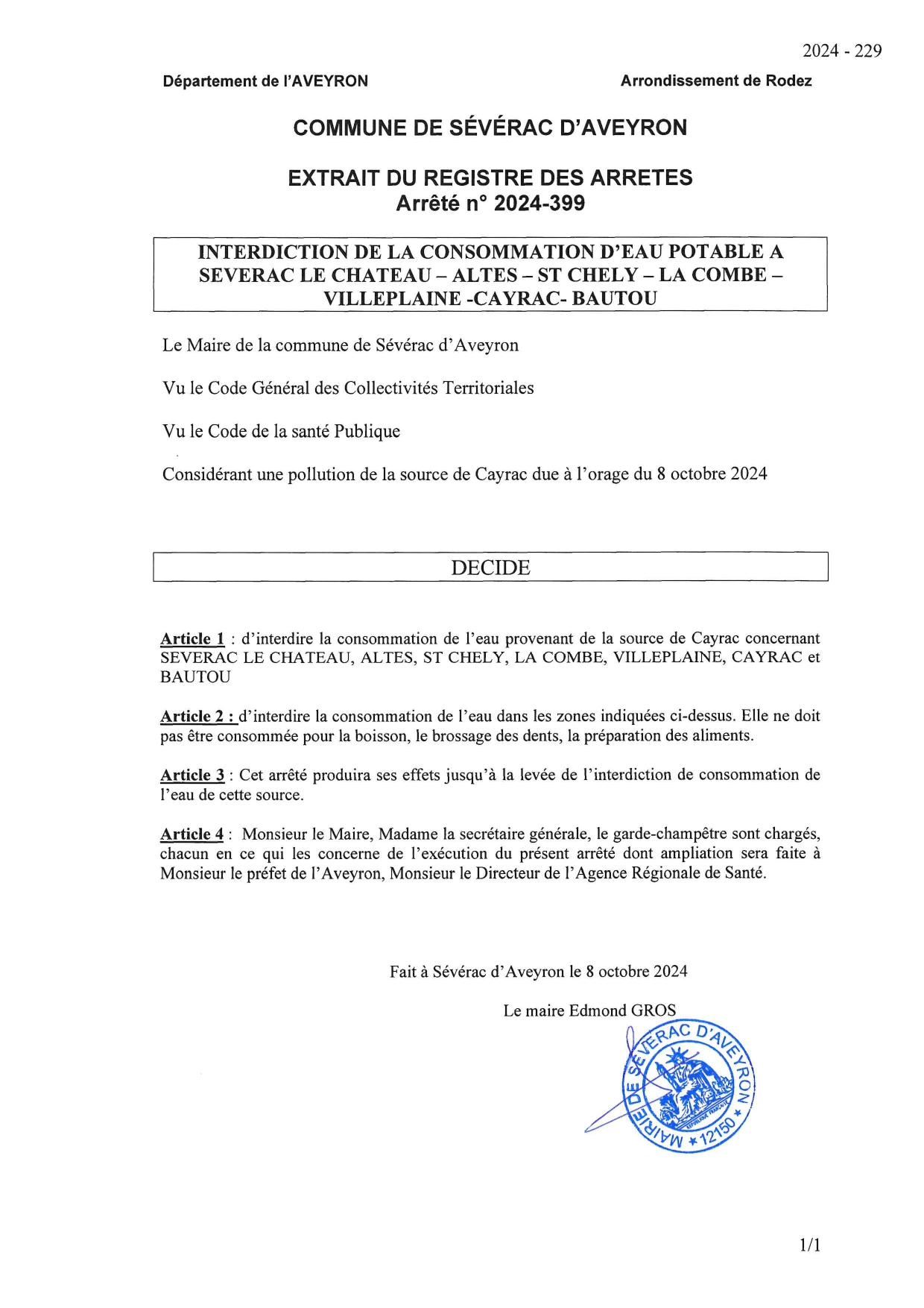 Lire la suite à propos de l’article // EAU NON POTABLE : ARRÊTÉ PRIS PAR LE MAIRE CE JOUR : POUR LES HAMEAUX DE SÉVÉRAC-LE-CHÂTEAU, ALTES, SAINT- CHÉLY, LA COMBE, VILLEPLAINE, CAYRAC ET BAUTOU //